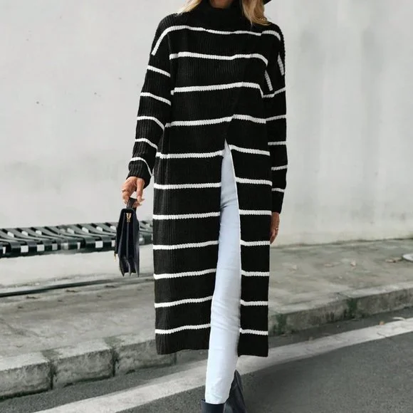 Black and White Casual Striped Pattern Drop Shoulder Split Hem Longline Sweater - Picture 4 of 6